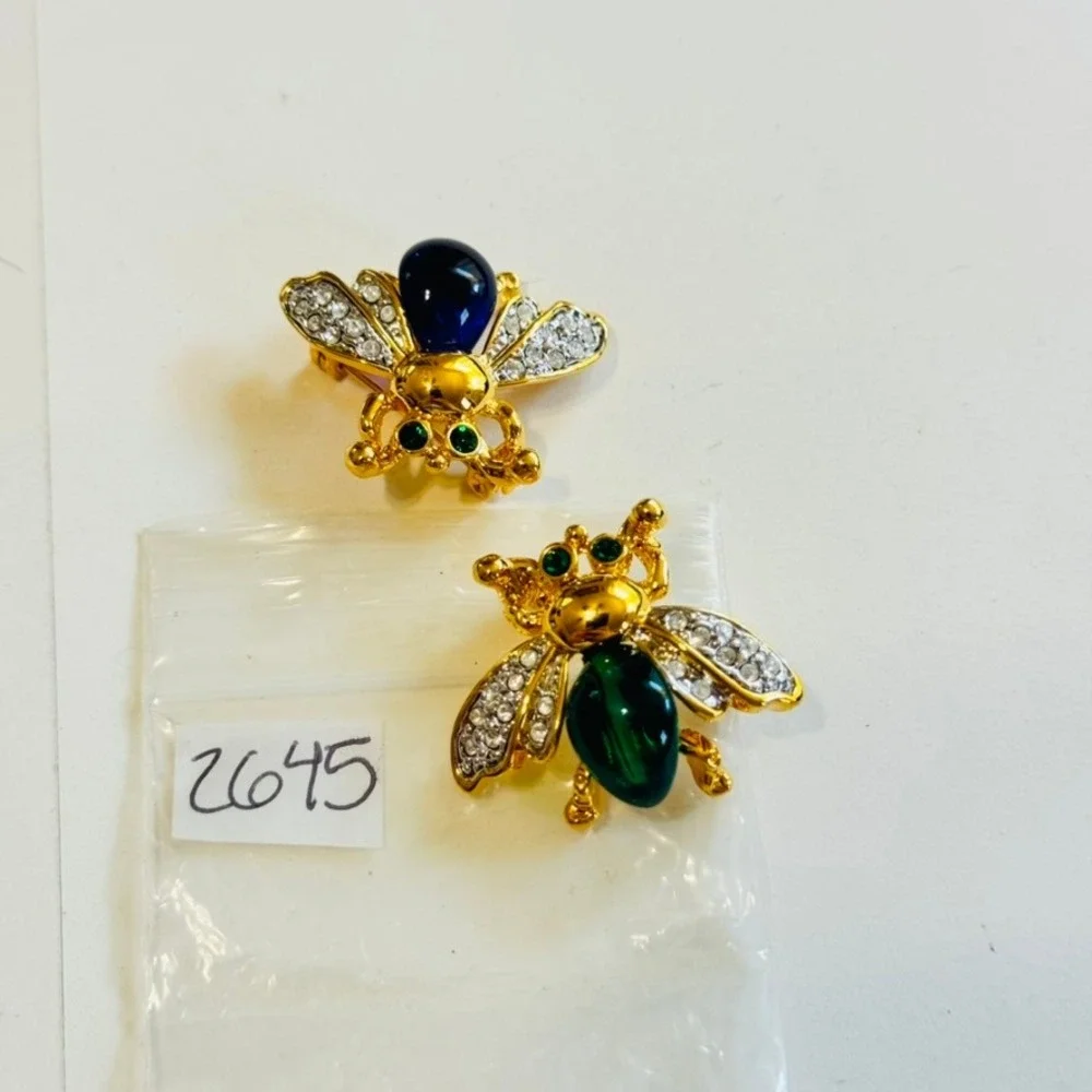 VTG Bumble Bee Jelly Belly Pin Brooch Set Lot of 2 Critters Crystal Rhinestone